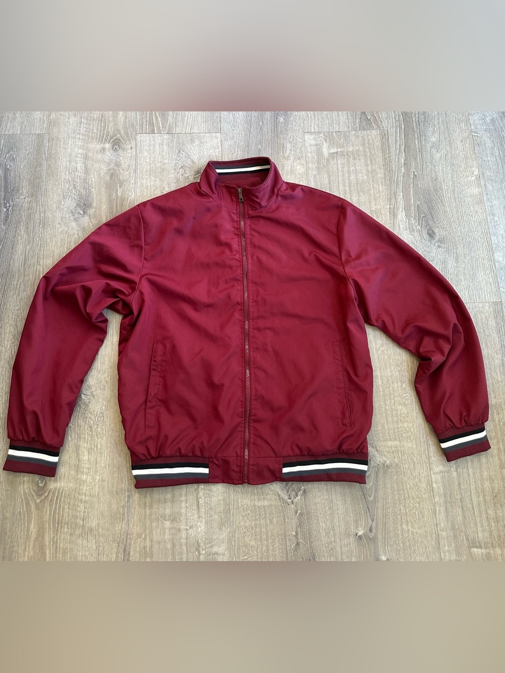Men's Burgundy Varsity Bomber Jacket with Contrast Stripe Trim